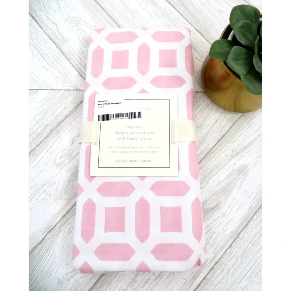 NEW! Pottery Barn Kids 100% Organic Harper Peyton Geo Crib Fitted Sheet Pink